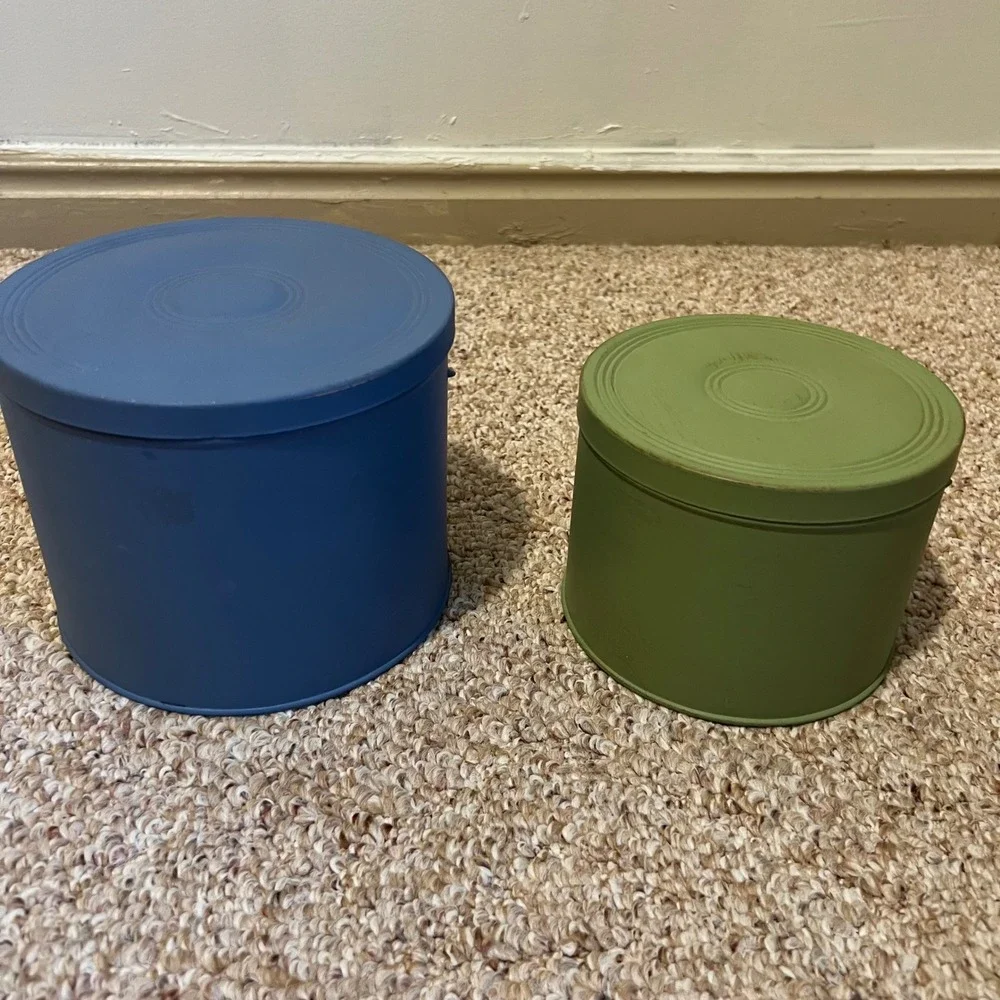 Vintage Style Metal Nesting Canisters Set of 2 Blue Green Farmhouse Tins Handles